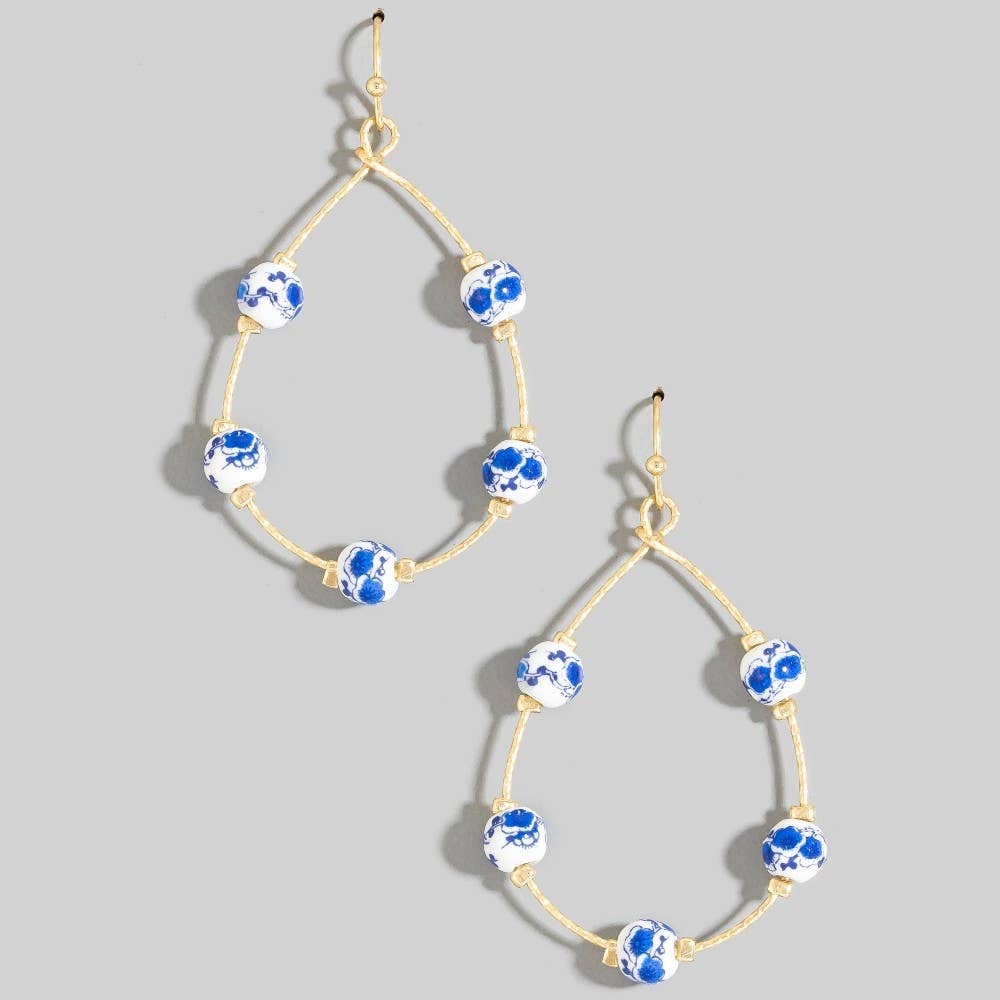 Blue Floral Ceramic Beaded Teardrop Earrings