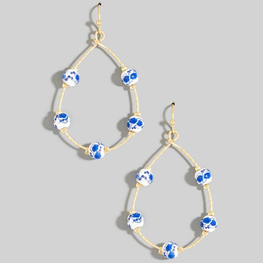 Blue Floral Ceramic Beaded Teardrop Earrings
