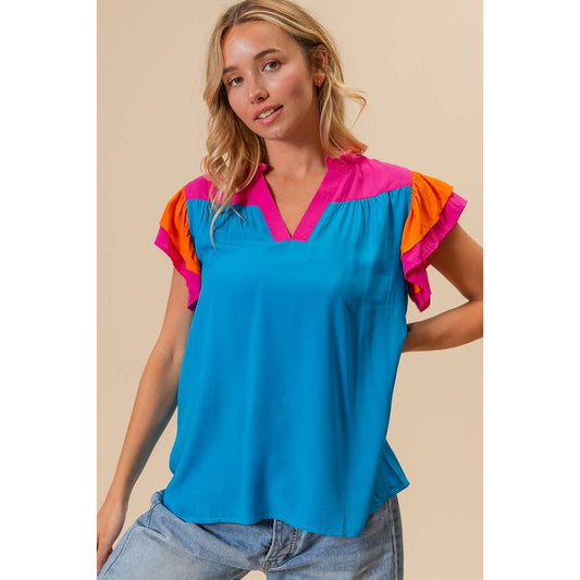 Colorblock Woven Top w/ Flutter Sleeves
