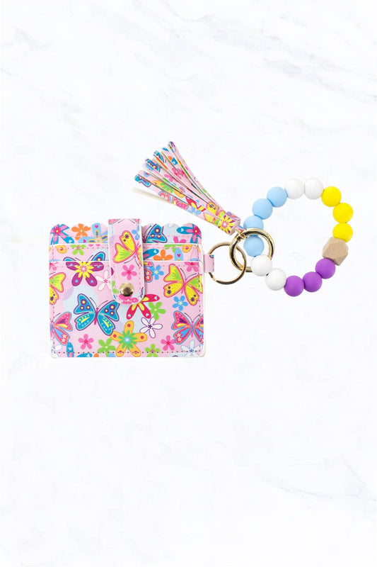 Pink Multi Flower Silicone Bead Bracelet with Card Holder Keychain