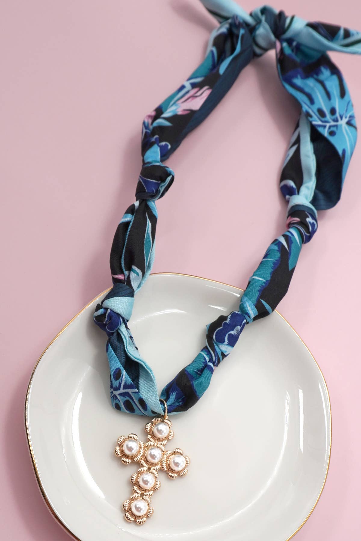 Blue Cross Charm Scarf Necklace