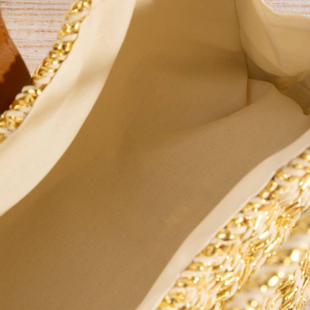 Beige Woven Straw Top Handle Handbag
