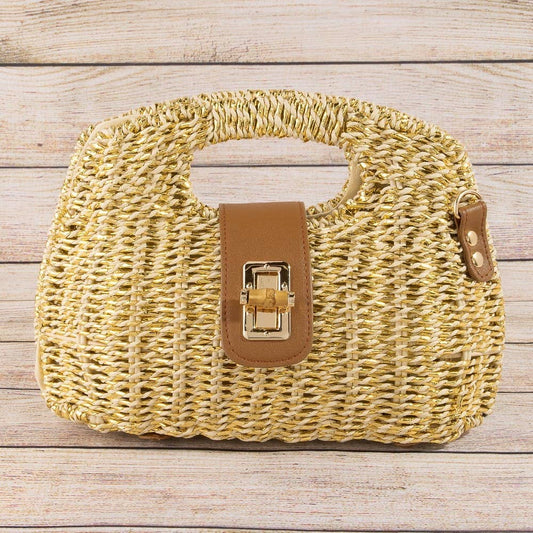 Beige Two Tone Straw Woven Handbag