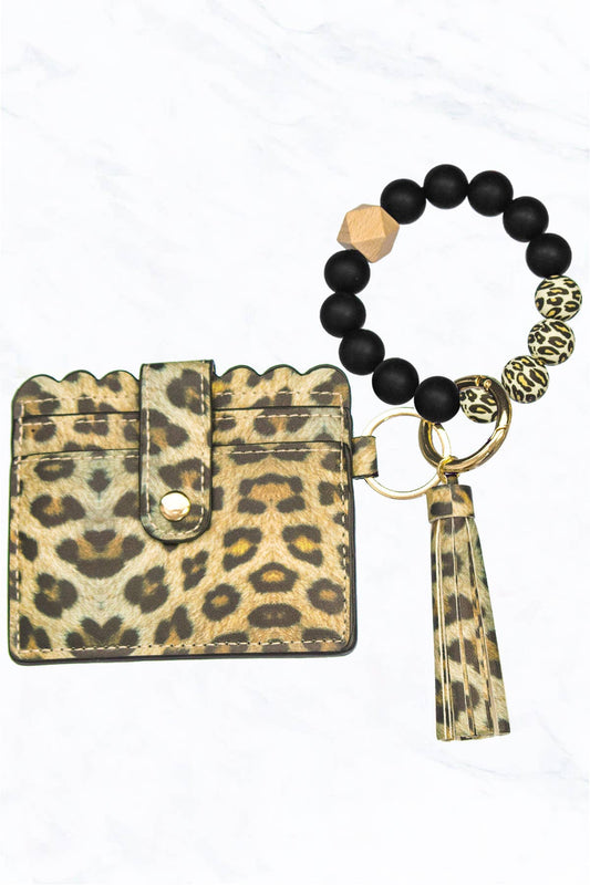 Leopard Silicone Bead Bracelet with Card Holder Keychain