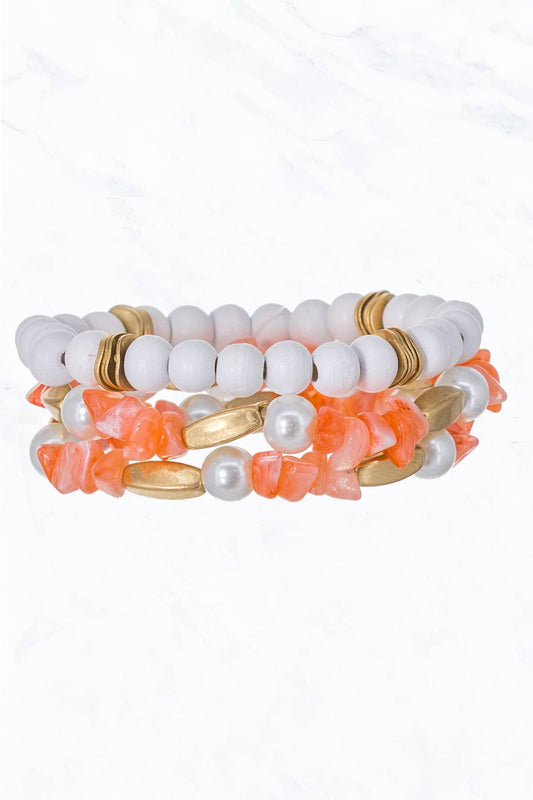 3 Strand, Wood, Pearl, Metallic Stretch Bracelet: White Peach