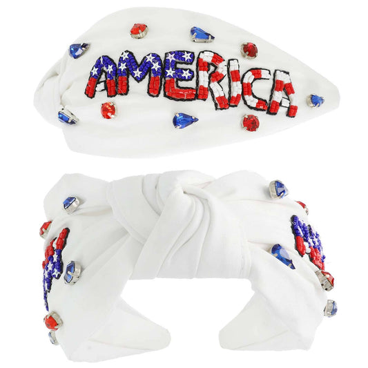 White Patriotic America Beaded Lettering Headband