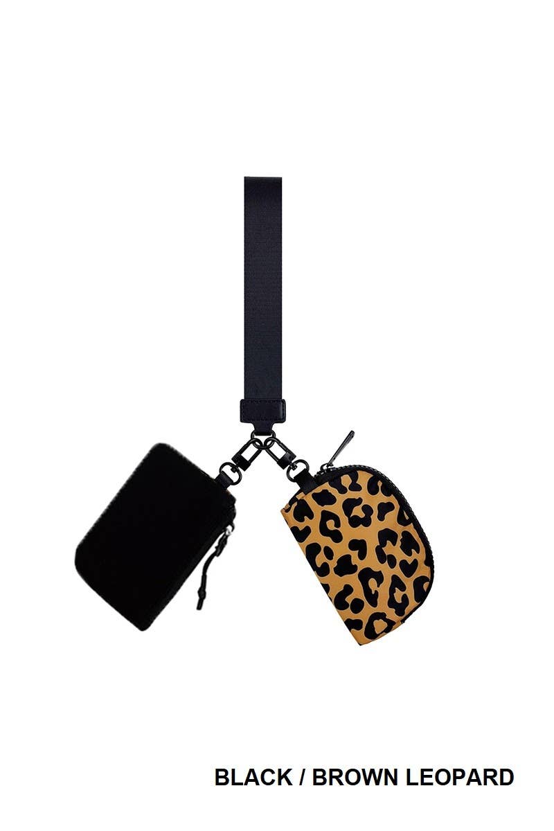 Black/Brown Leopard Dual Pouch Wristlet Keychain Wallet
