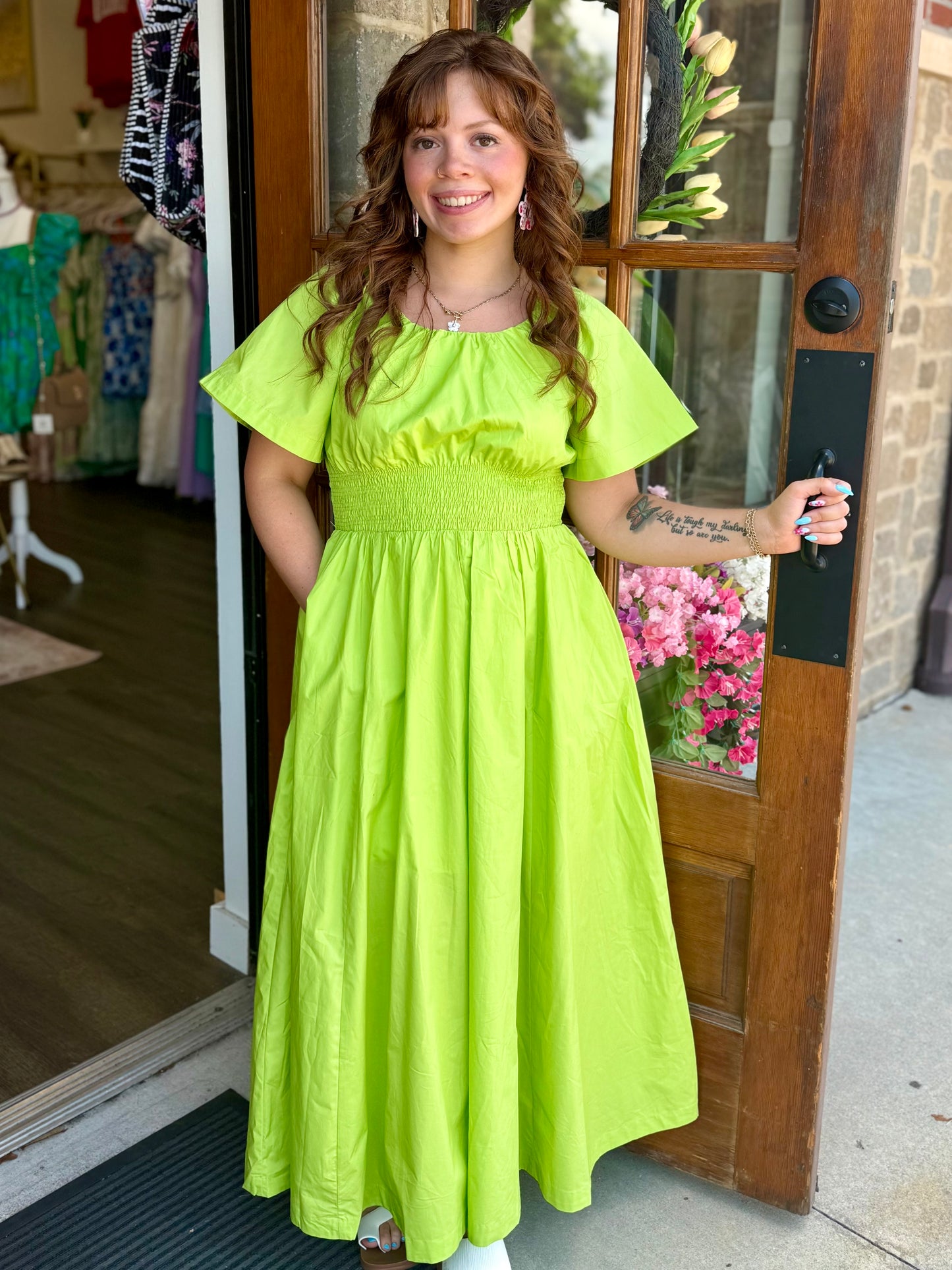 Lime Smocked Waist Maxi Dress