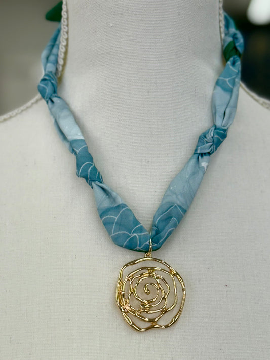 Blue Green Scarf Rose Charm Necklace