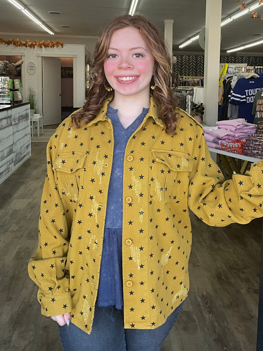 Plus Washed Star Print Button Down Jacket- Gold