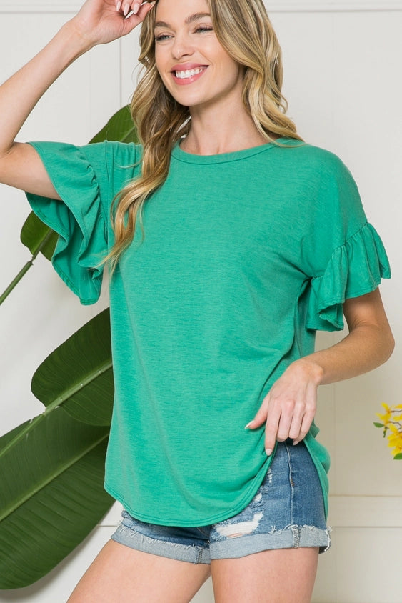 T7111C - Solid Green Short Sleeve Top