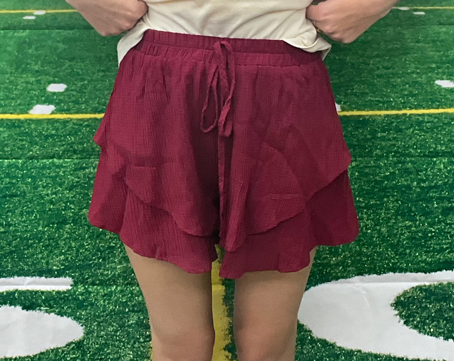 Burgundy High-Waist Tiered Shorts