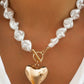 Pearl Beaded Heart Charm Toggle Necklace