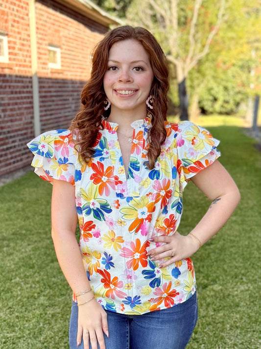 Floral Bouquet Flutter Sleeve Top