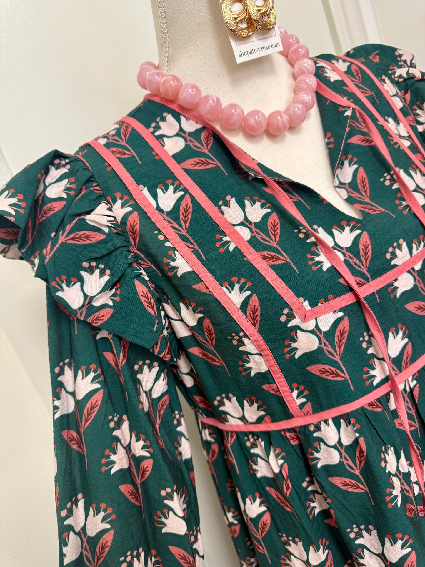 Hunter Green Ruffled Shoulder Floral Dress