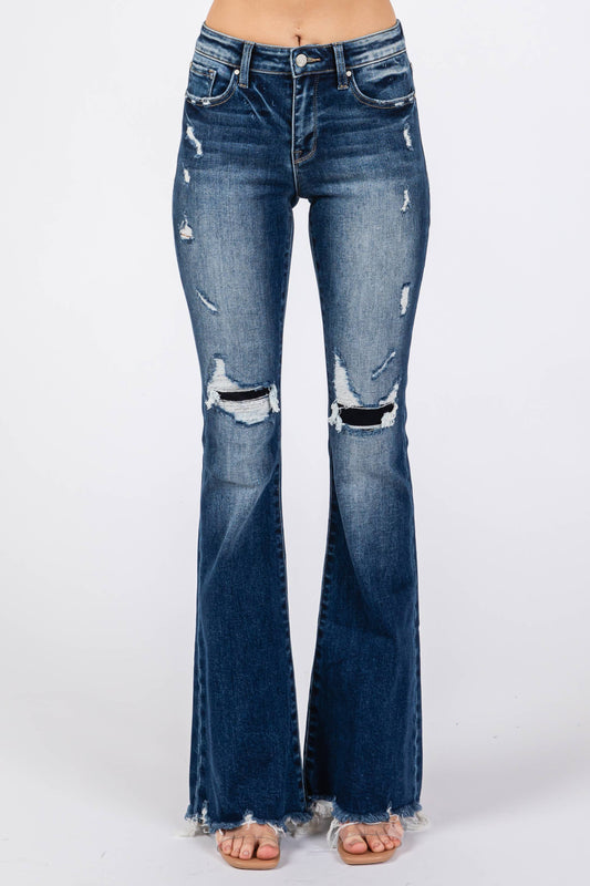 Distressed Patchwork Mid Rise Flare Jeans