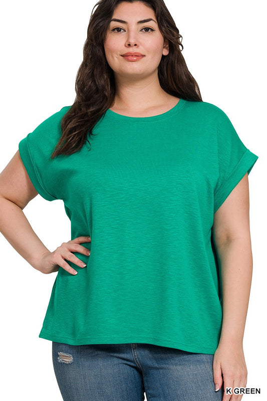Plus Kelly Green Modal Slub Rolled Sleeve Top