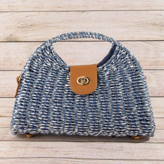 Blue Woven Straw Top Handle Handbag