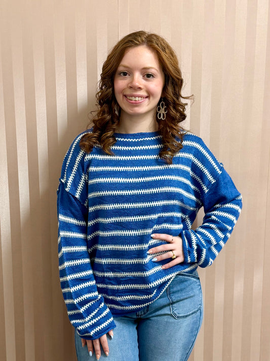 Blue Stripe Drop Shoulder Sweater