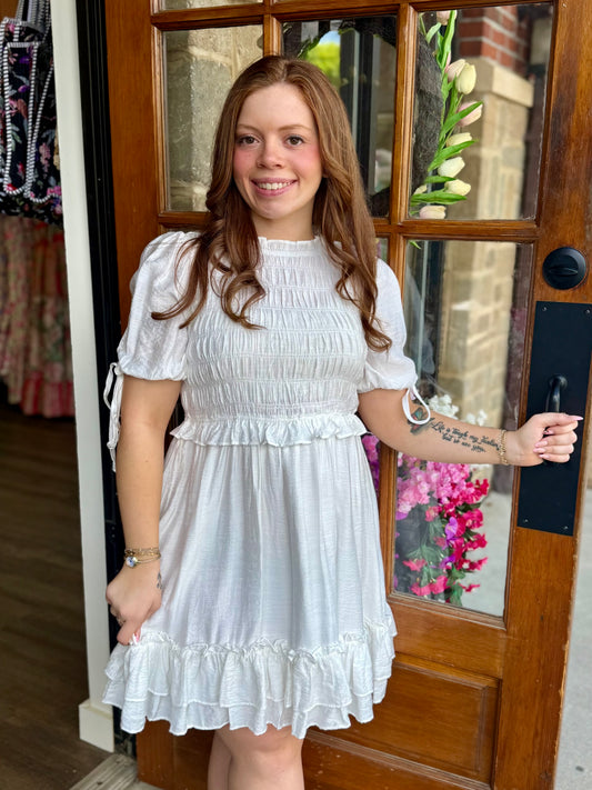 White Smocked Ruffle Dress