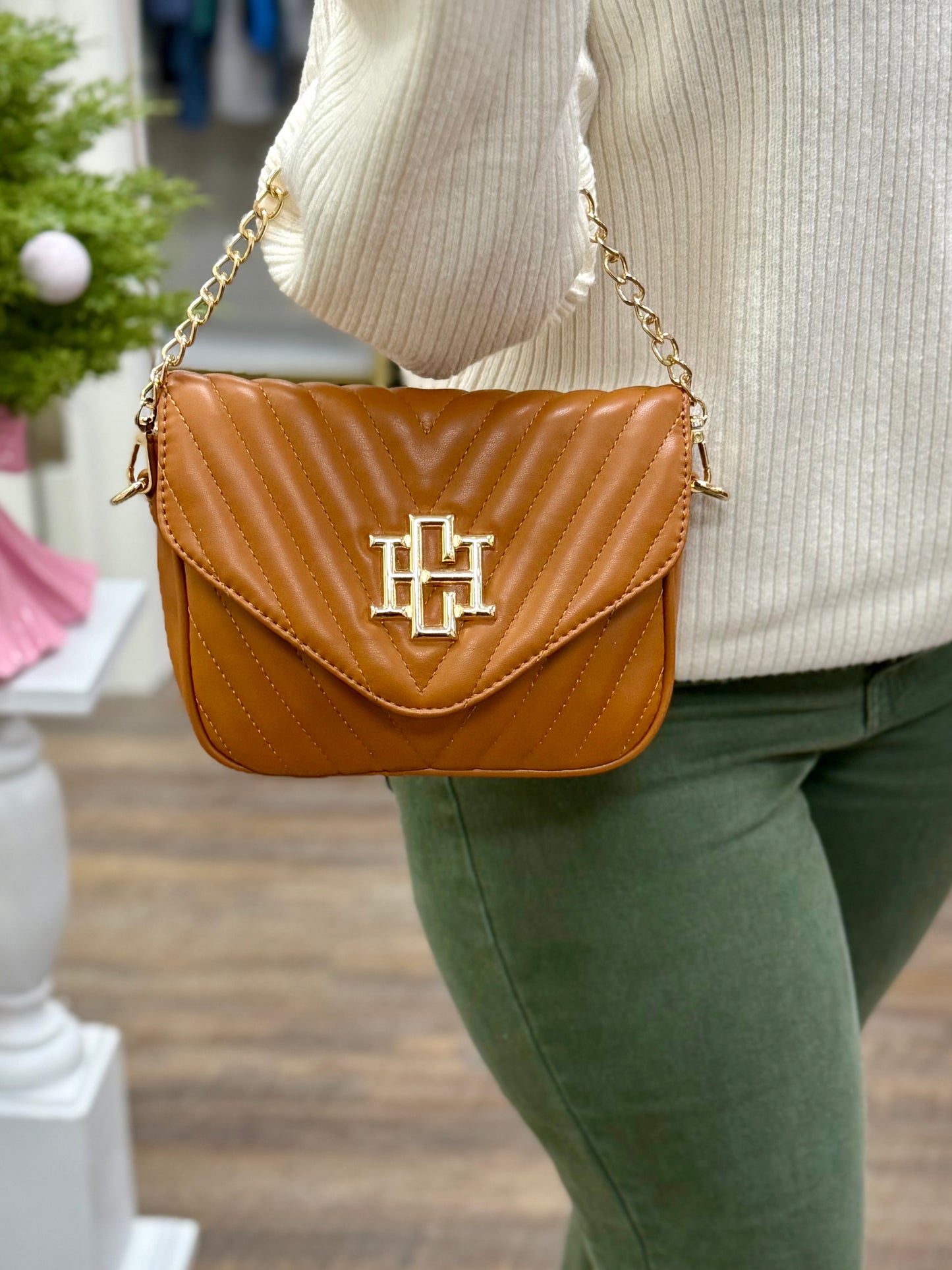 Camel Angela Quilted Crossbody