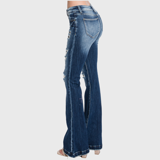 Petite Distressed Mid Rise Stretch Flare Jeans