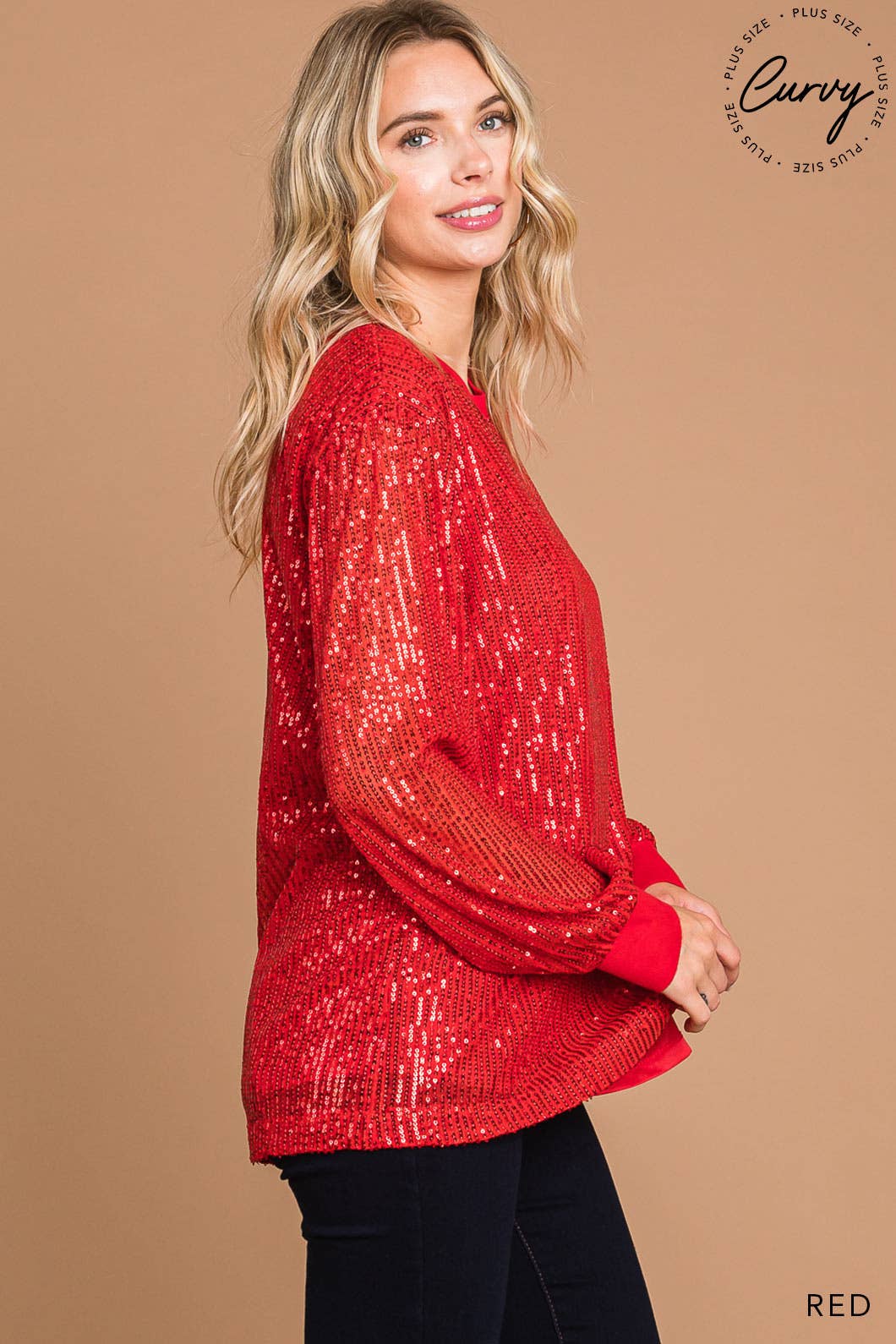 Plus Sequin Full Lined Pullover Top / Red