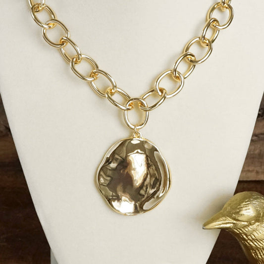 Gold Chain & Hammered Disc Statement Necklace