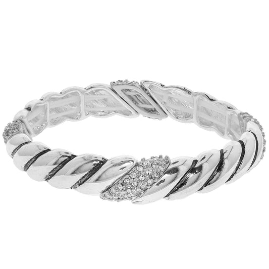 Ornate Rhinestone Ribbed Stretch Bracelet : Silver