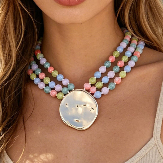 Multi Color Triple Beaded Disc Statement Necklace