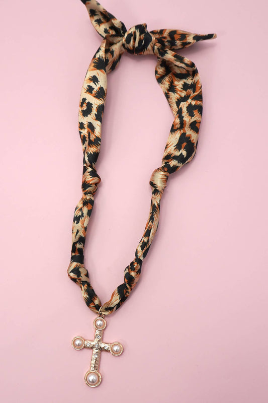 Leopard Scarf Pearl Cross Charm Necklace