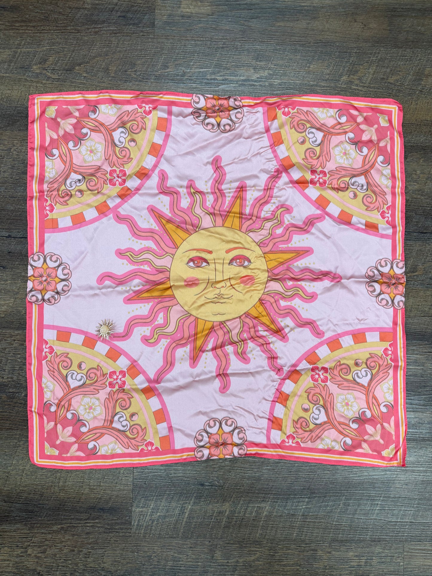 Pink & Orange Pattern Silk Scarf w/ Sun Pendant