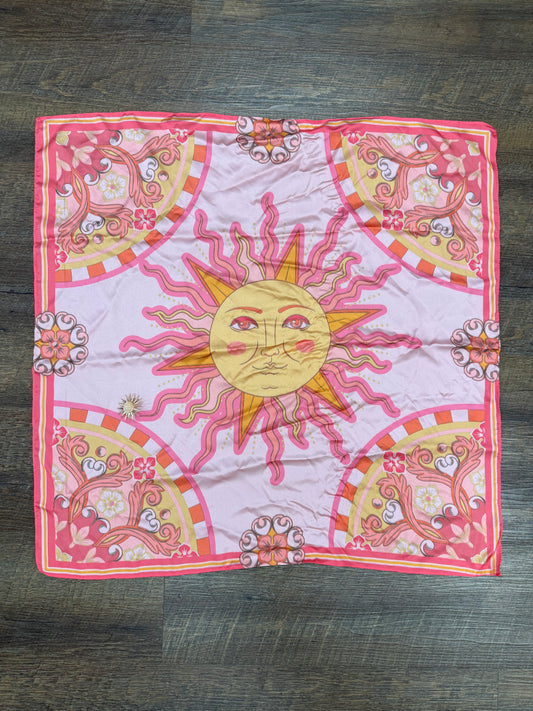 Pink & Orange Pattern Silk Scarf w/ Sun Pendant