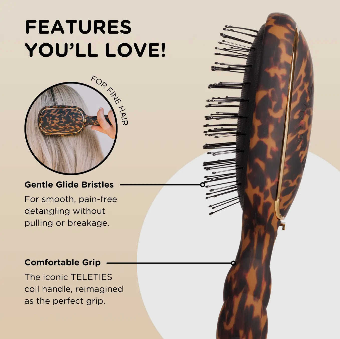 TELETIES Tortoise Detangler Hair Brush for Fine Hair