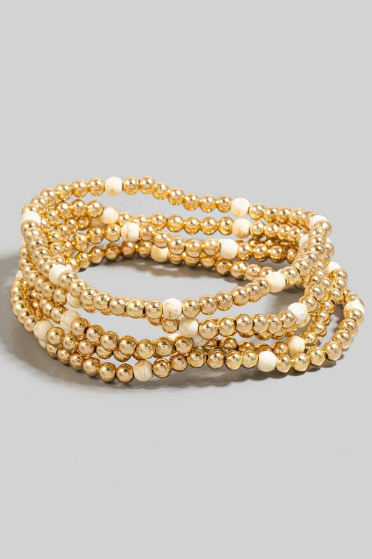 Gold Mixed Stone And Metallic Beaded Bracelet Set