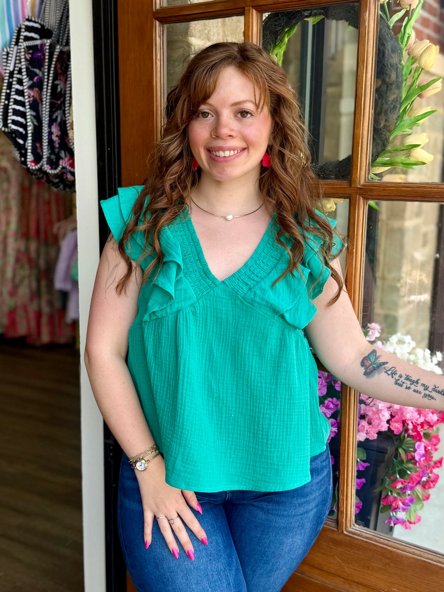 Seafoam Smocked Ruffle Sleeve Gauze Top