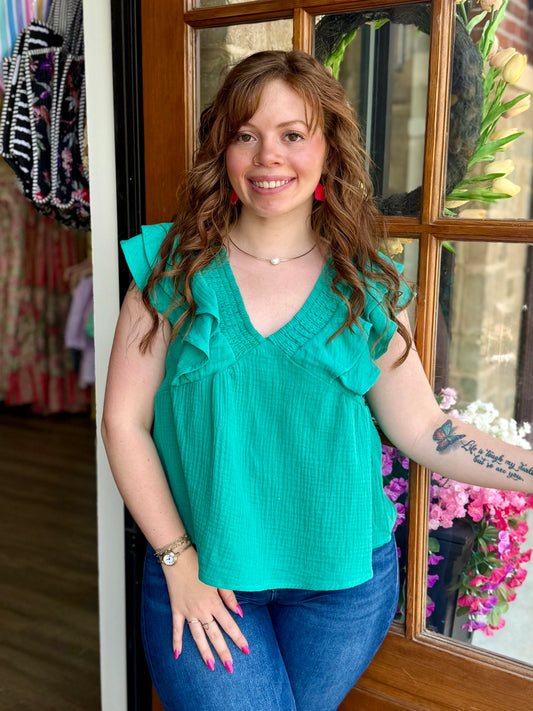 Seafoam Smocked Ruffle Sleeve Gauze Top