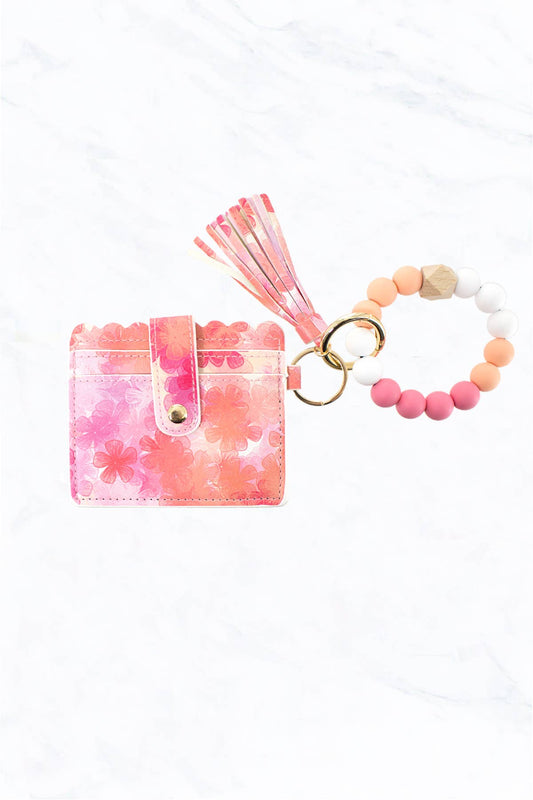 Pink Flower Silicone Bead Bracelet with Card Holder Keychain