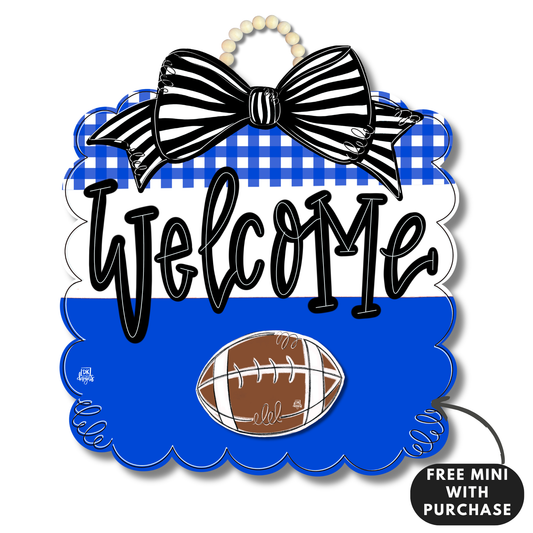 Blue & White Football Scallop Door Hanger w/ Mini