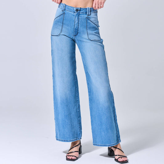 High Rise Stretch Welted Pocket Wide Leg Jeans