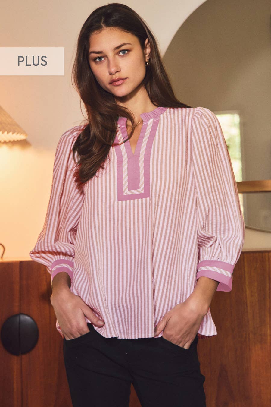 Plus Pink Striped Woven Blouse