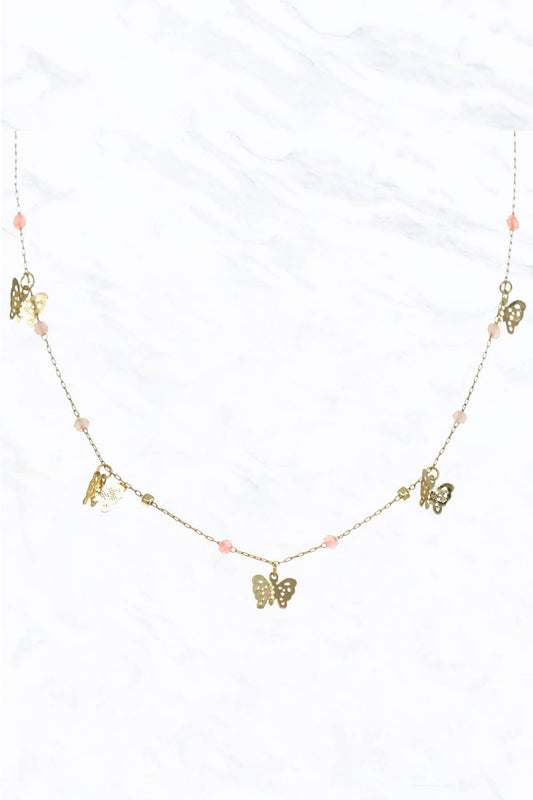 Pink Golden Butterflies with Glass Bead Necklace