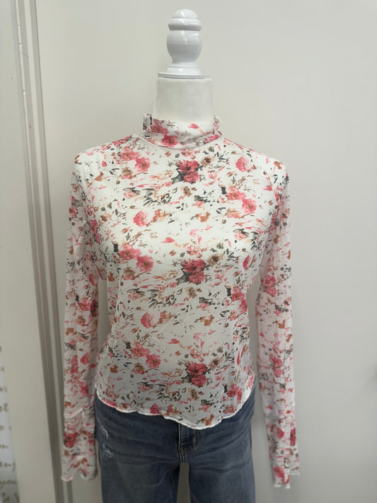 Pink Floral Mesh Long Sleeve High Neck Top