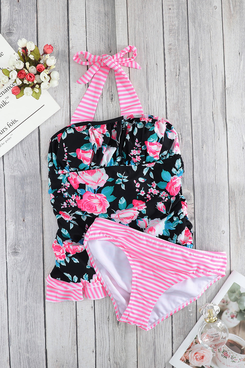 Pink Floral Ruched Tankini