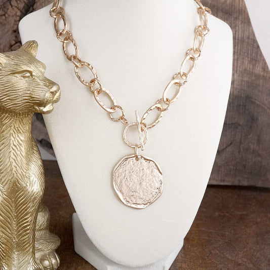 Gold Hammered Disc Toggle Statement Necklace