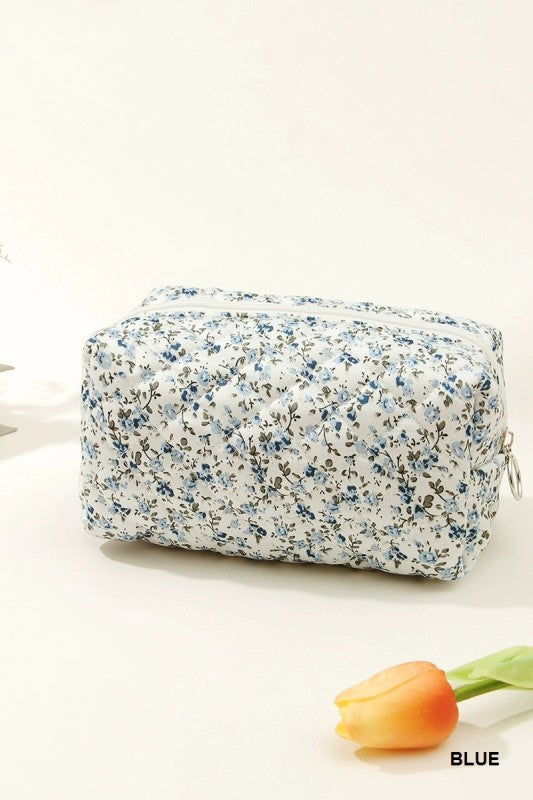 Blue Quilted Floral Cosmetic Bag
