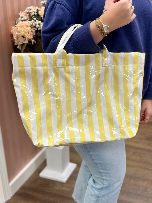 Yellow & White Glossy Striped Pool Tote Bag