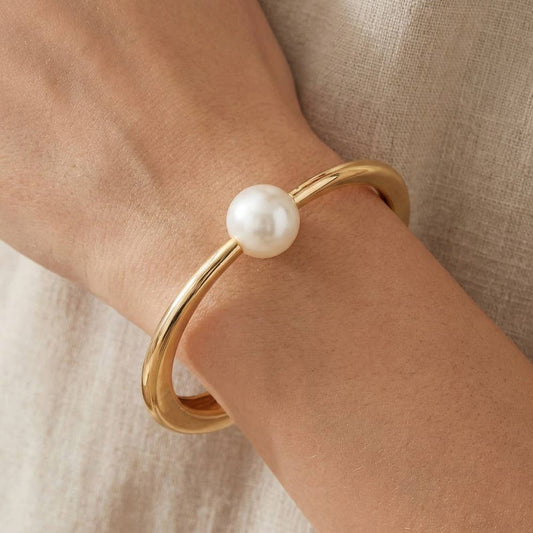 Gold Pearl Thin Metal Hinged Bangle Bracelet