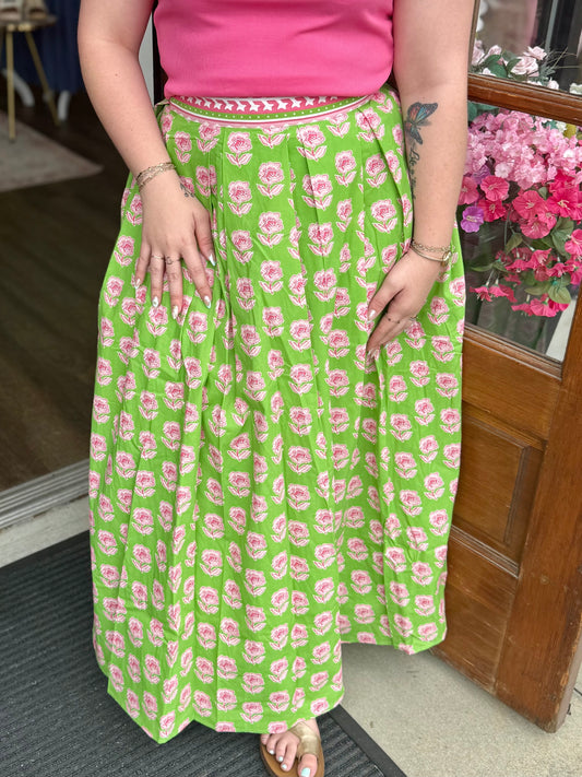 Green Floral Print Midi Skirt