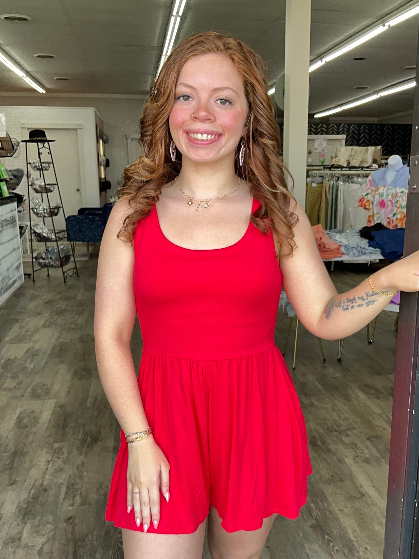 Red Double Layered Tank Romper